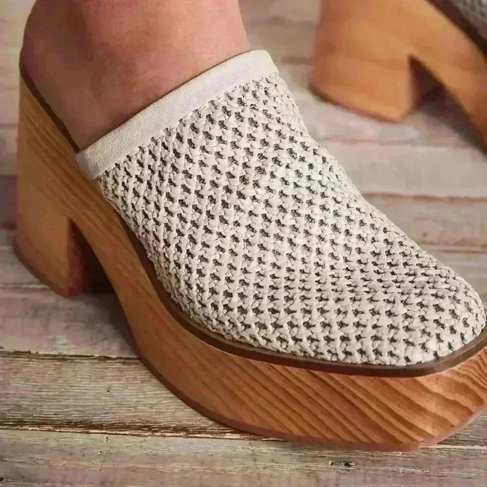 Free People Women's Beige Walk On Wood Boho Leather Platform Woven Clogs 38